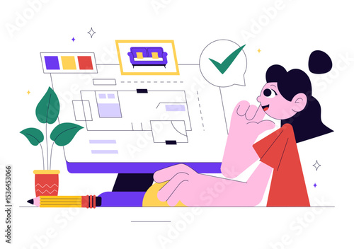 Interior Designer Vector Illustration Featuring a Professional Decorator Planning the Design of a Room, Choosing Wall Colors and Furniture Style
