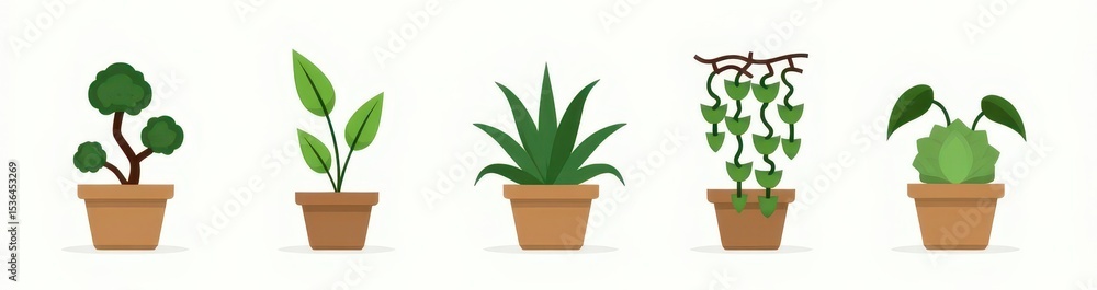 Five potted plants illustration bonsai tree leafy plant agave string of hearts and succulent Five potted plants illustration bonsai tree leafy plant agave string of hearts and succulent
