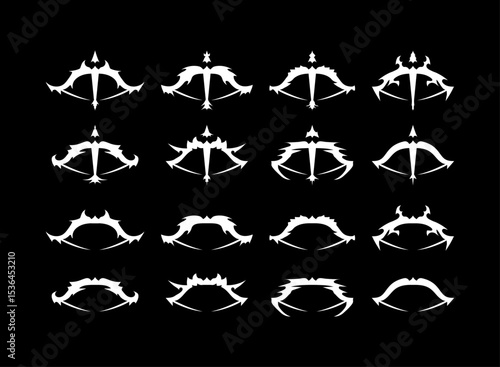 Fantasy RPG Game Logo Icon Set, bow ranged archery elemental weapon