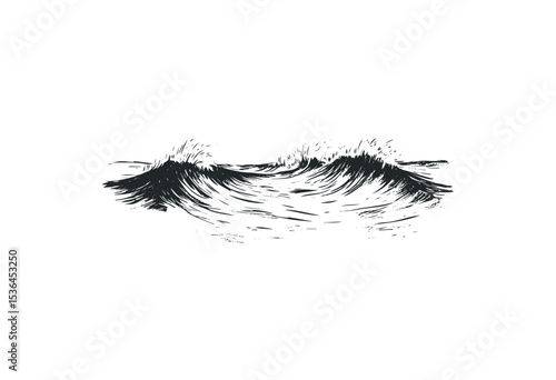 Artistic wave sketch capturing ocean movement and energy. Vector retro hand drawn illustration