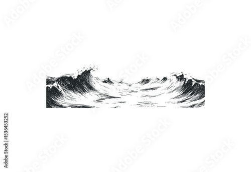 Illustration of ocean waves in monochrome style. Vector retro hand drawn illustration