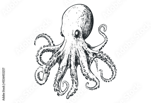 Intricate octopus sketch with detailed tentacles. Vector retro hand drawn illustration
