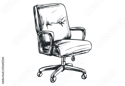 Detailed sketch of a modern office chair with casters and armrests. Vector retro hand drawn illustration