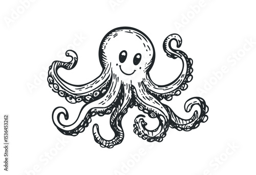 Smiling octopus sketch with curled tentacles. Vector retro hand drawn illustration