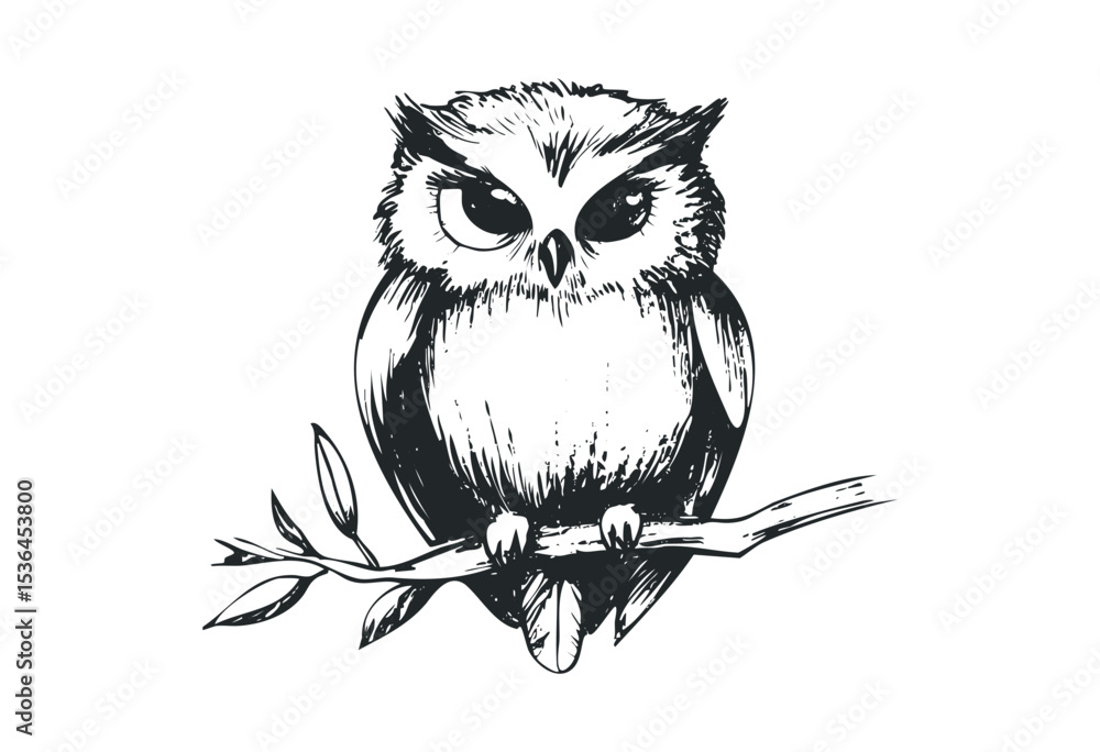 Fototapeta premium Detailed sketch of an owl perched on a branch. Vector retro hand drawn illustration