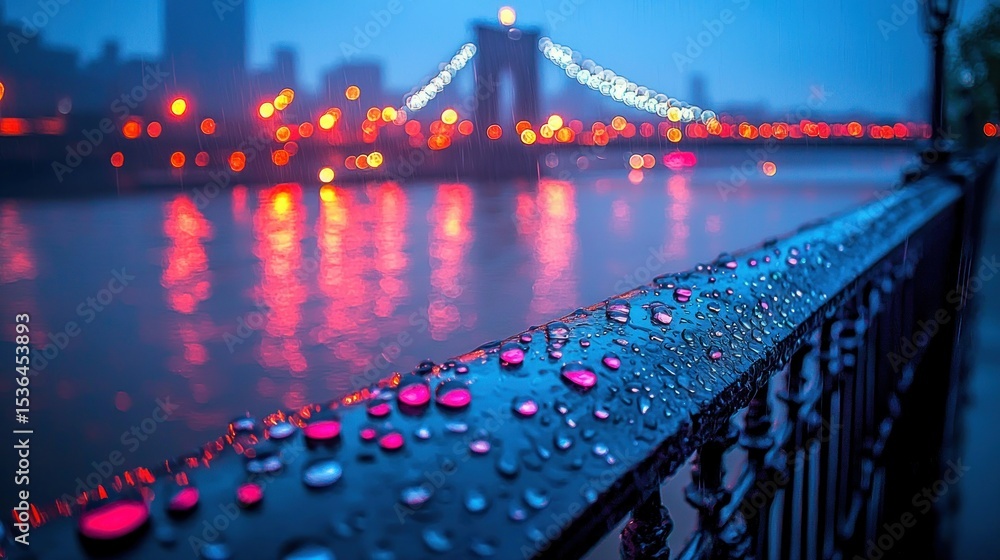 Fototapeta premium Raindrops on a railing, city lights blurred in the background