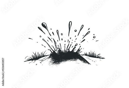 Ink splash abstract art with splashing drops and grass elements. Vector retro hand drawn illustration