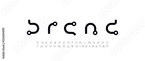 Technology science font, digital cyber alphabet with rings, lowercase letters A, B, C, D, E, F, G, H, I, J, K, L, M, N, O, P, Q, R, S, T, U, V, W, X, Y, Z and numerals 0, 1, 2, 3, 4, 5, 6, 7, 8, 9 spa