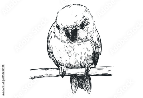 Detailed ink drawing of a perched lovebird on branch. Vector retro hand drawn illustration