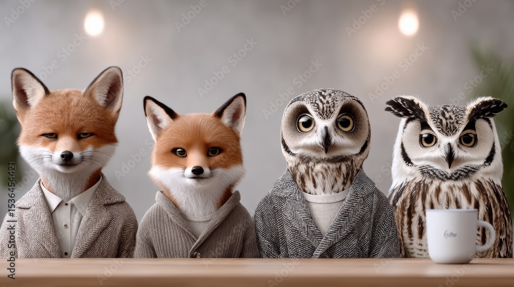 Obraz premium Four cartoon animals, including a fox, owl, and two owls, are sitting on a table with a cup in front of them. The animals are dressed in suits and ties, giving the scene a professional