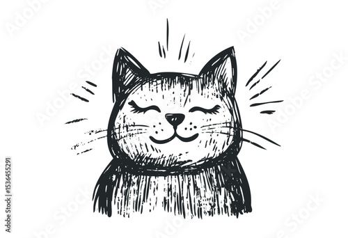Hand-drawn smiling cat illustration with whiskers and closed eyes. Vector retro hand drawn illustration