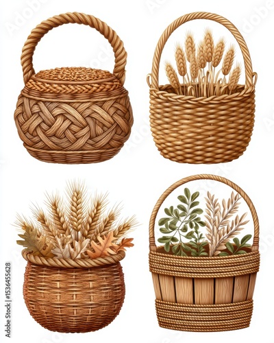 Four Brown Wicker Baskets with Wheat and Autumn Leaves
