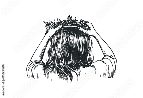 Sketch of young female with floral crown. Vector retro hand drawn illustration