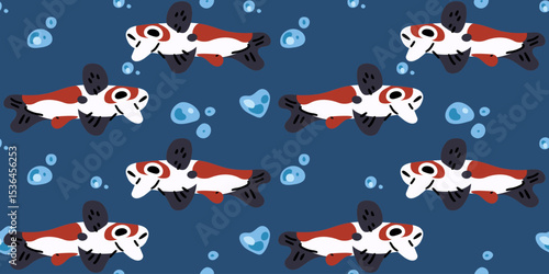 Seamless Koi Fish Underwater Pattern. Seamless pattern with white and red koi fish swimming among blue bubbles on dark background. Flat cartoon style, stylized aquatic illustration.