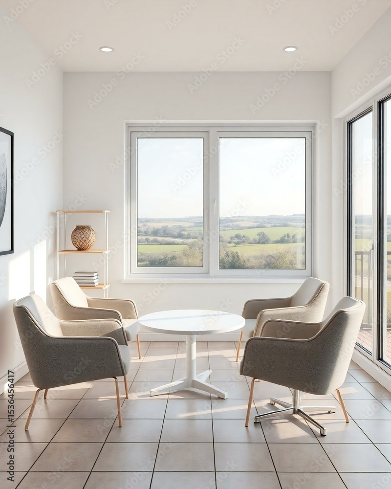 Fototapeta premium Modern room design with countryside view