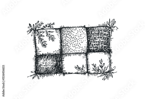 Hand-drawn patchwork quilt with floral accents and textured patterns. Vector retro hand drawn illustration