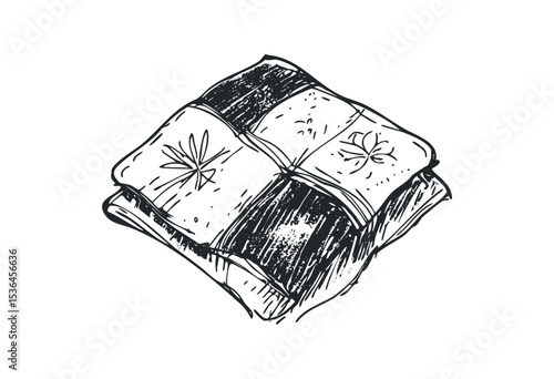 Hand-drawn sketch of a folded patchwork quilt with floral patterns. Vector retro hand drawn illustration