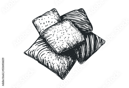 Hand-drawn sketch of four cushions in various textures and patterns. Vector retro hand drawn illustration