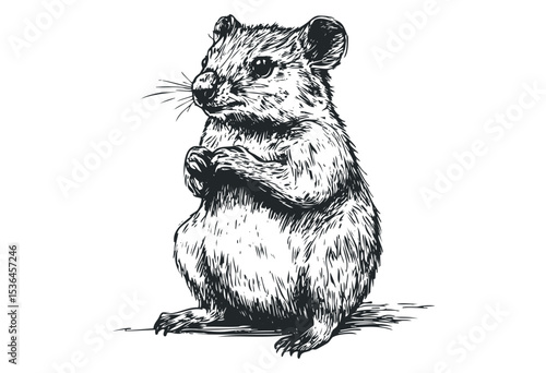 Detailed black and white drawing of a standing mouse. Vector retro hand drawn illustration