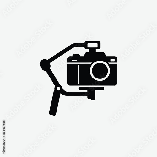 Black silhouette icon of a camera on a gimbal, with bold lines and minimalistic design. Perfect for tech, videography, and filming vector collections.