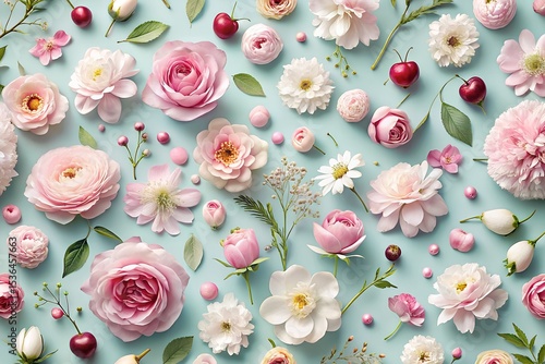 A background of pastel flowers, roses, peonies, and cherry blossoms, arranged in a repeating pattern on a light blue background.