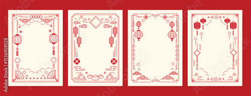 Chinese New Year poster vector set. Elegant card template design with frame, lantern, cloud, wave, firework in red line art. Oriental illustration for cover, website, calendar, envelope, package.