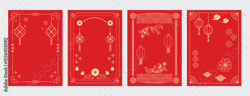 Chinese New Year poster vector set. Luxury card template design with frame, lantern, cloud, wave, flower, koi fish in gold line art. Oriental illustration for cover, website, envelope, package.