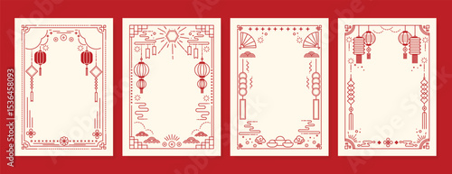 Chinese New Year poster vector set. Elegant card template design with frame, lantern, cloud, wave, firework in red line art. Oriental illustration for cover, website, calendar, envelope, package.