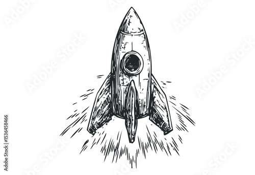 Hand-drawn vintage rocket sketch with detailed outline. Vector retro hand drawn illustration