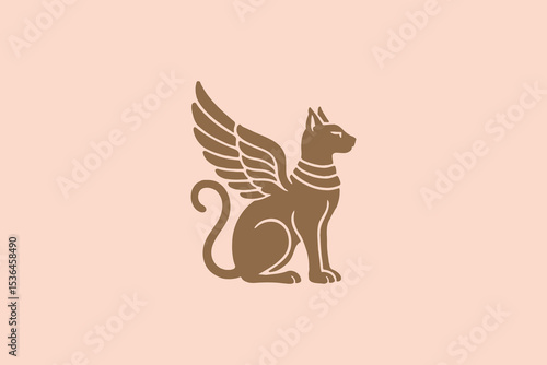 Winged egyptian cat sitting, ancient silhouette vector illustration, logo, icon

