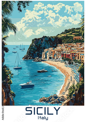 Sicily, Italy - Coastal Landscape Vector Illustration