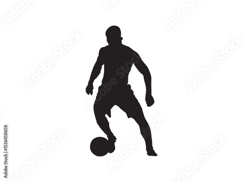 Silhouette of a soccer player dribbling the ball isolated on a white background