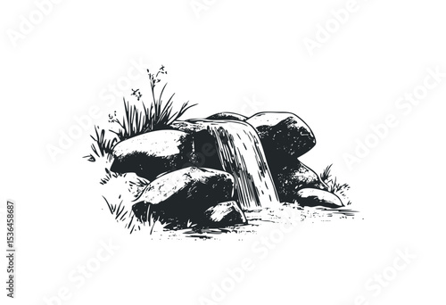 Black and white illustration of a peaceful waterfall over rocks. Vector retro hand drawn illustration