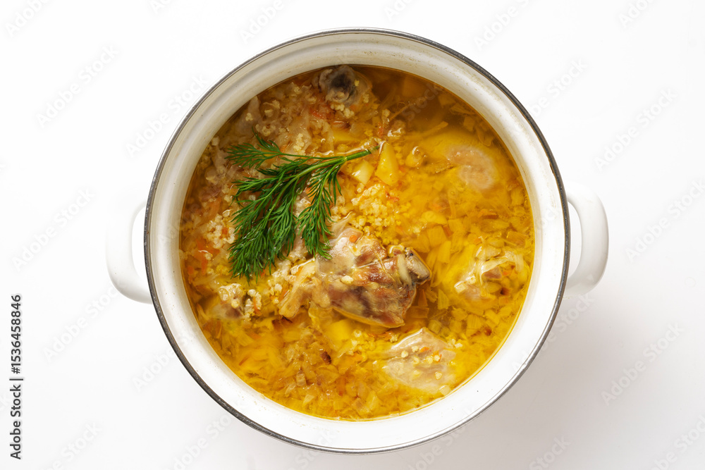Thick German delicious soup with meat, cereals and vegetables Thick German delicious soup with meat, cereals and vegetables
