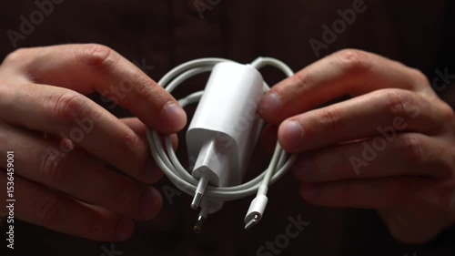 A man in brown clothes holds in his hands a coiled cable for charging a mobile phone.
Block and charger for electrical device.
Charging, battery, phone, cable, cable