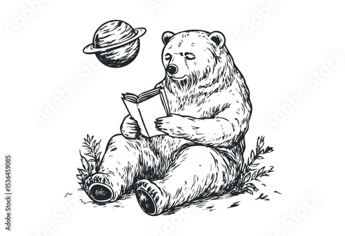 Illustrated bear reading book with planet saturn overhead. Vector retro hand drawn illustration