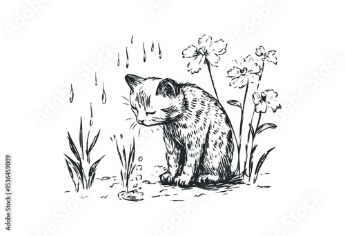 Sad kitten sitting in a garden with flowers and raindrops sketch. Vector retro hand drawn illustration