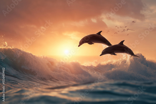 Two Dolphins Leaping in Formation Over Ocean Waves at Sunrise