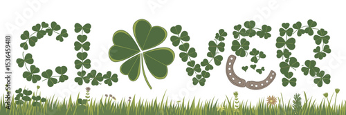 Clover word with lucky symbols in meadow – Suitable for St. Patrick’s Day marketing, nature-themed designs, or good luck concepts.
