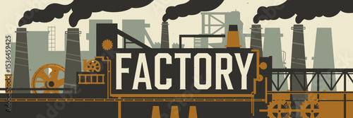 Vintage-style factory scene with smokestacks and gears – Perfect for engineering blogs, history of industry materials, or industrial design assets