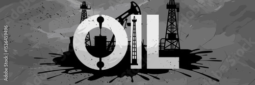 Monochrome oil industry illustration with drilling rigs and splashes – Suitable for fossil fuel analysis reports, documentary visuals, or oil economy editorials
