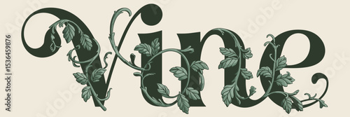 Vintage vine typography with green tendrils and cursive text on beige background