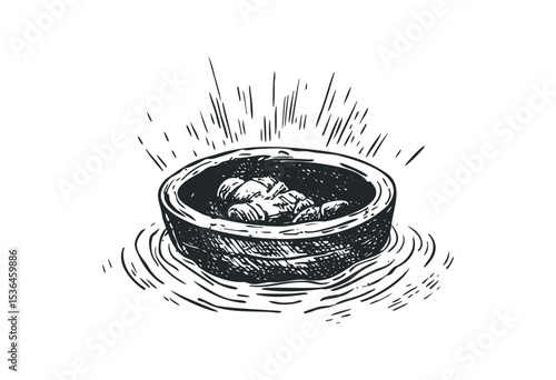Hand-drawn rustic basket with fresh bread loaves in monochrome style. Vector retro hand drawn illustration
