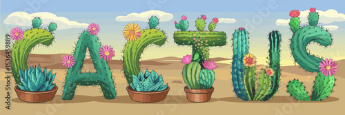 Decorative cactus text with colorful succulents in pots on desert background