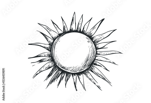 Hand-drawn sun illustration with stylized rays and sketched lines. Vector retro hand drawn illustration