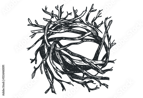 Intricate hand-drawn bird nest composed of interwoven twigs and branches. Vector retro hand drawn illustration