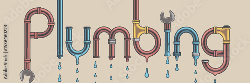 Plumbing illustration made from pipes, wrenches, and water drops – Perfect for home repair services, plumbing ads, or utility infographics
