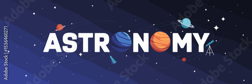 Astronomy text illustration with planets and stars – Perfect for stargazing blogs, planetarium posters, or science classroom materials