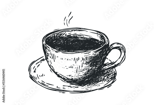 Hand-drawn coffee cup with saucer in sketch style. Vector retro hand drawn illustration