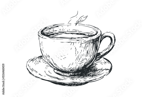 Hand-drawn illustration of a coffee cup and saucer with steam. Vector retro hand drawn illustration